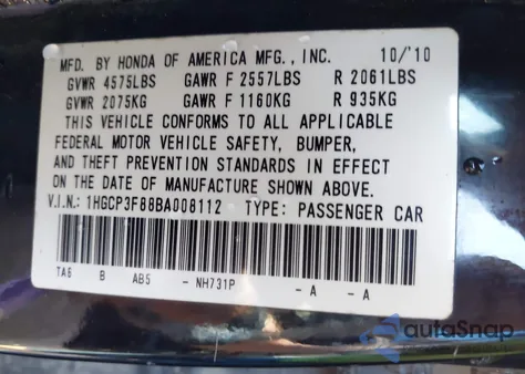2011 Honda Accord 3.5 Ex-L from USA, damaged, VIN 1HGCP3F88BA008112